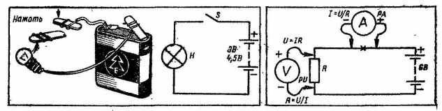 Рис. 4. Электрическая цепь, составленная из элементов плоского электрического фонаря Рис. 5. Измерения в электрической цепи