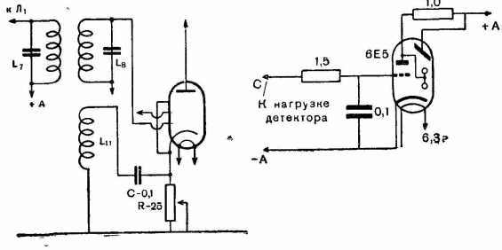 Рис. 90. Схема включения обратной связи супергетеродина (слева) и схема включения оптического индикатора (справа)